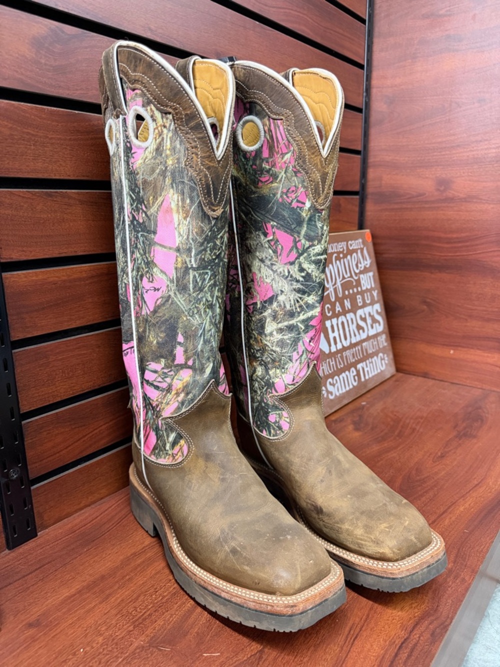 Justin Boots Brown Leather with Pink Camo Shaft Heeled Cowboy Boots